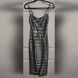 Georgia Hardinge Silver Bodycon Midi Dress UK.6 US 2 Stretchy Spaghetti Strap
